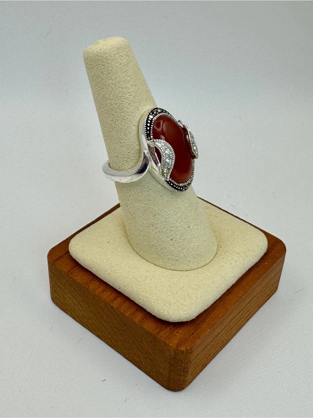Boho Vintage Carnelian & Marcasite Silver Ring - Sz 8 Perfect for Summer